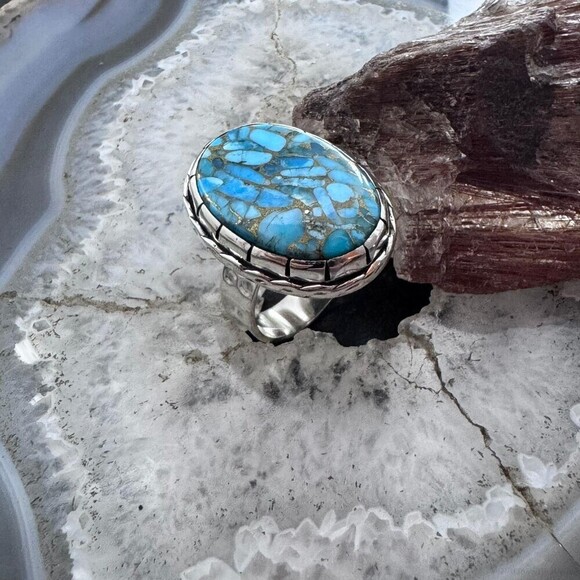 Sterling Southwestern Style Large Oval Blue Copper Turquoise Ring 9.25 For Women - Picture 3 of 10